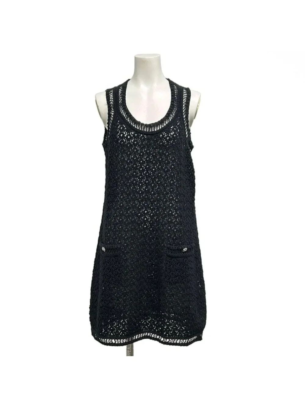Chanel Dress Black Crochet Camellia Button Sleeveless Cotton